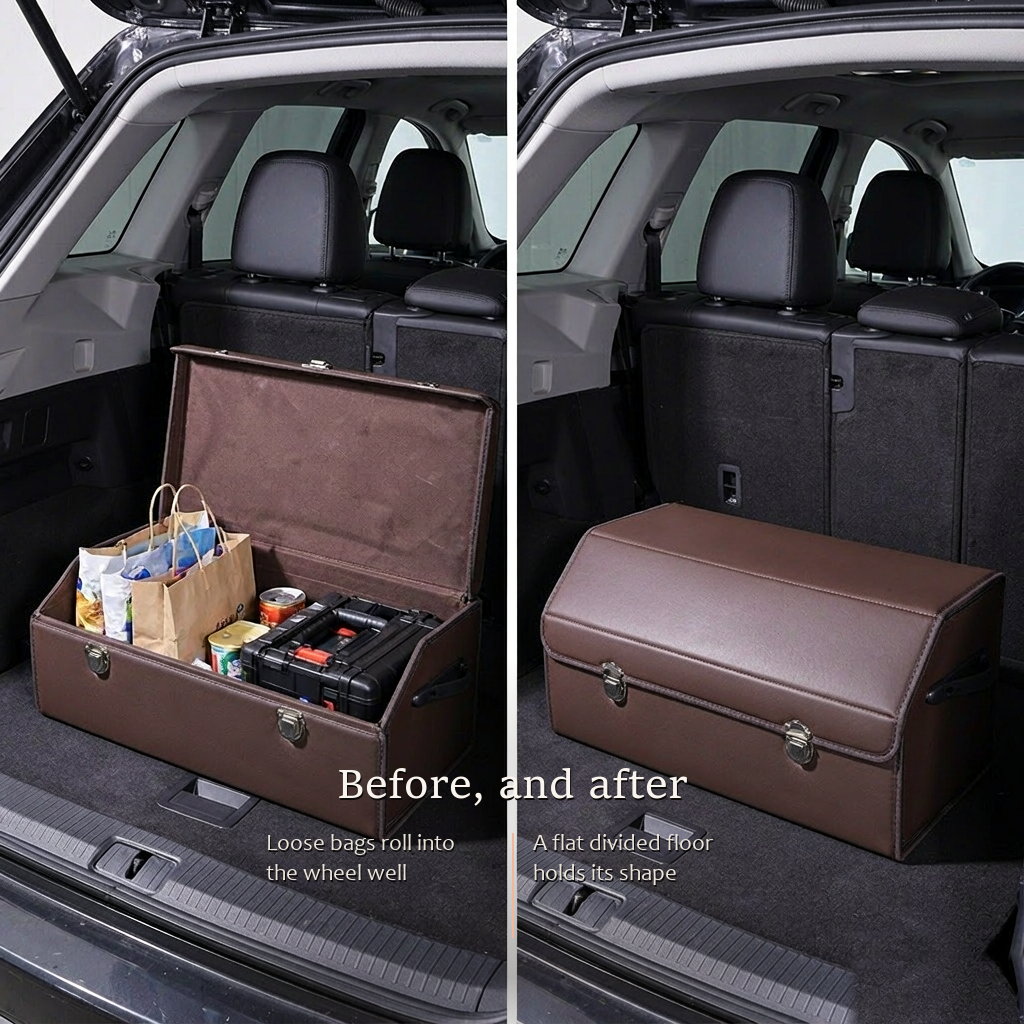 TrunkNest™ Foldable Car Trunk Organizer Box — car boot before and after tidy-up, loose shopping stowed and lid closed