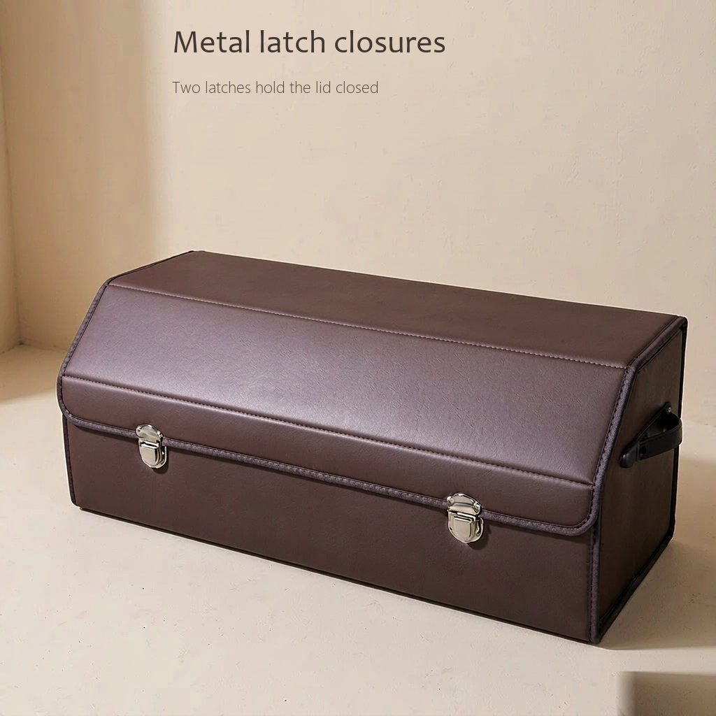 TrunkNest™ Foldable Car Trunk Organizer Box — close-up of the two brushed metal flip latches on stitched coffee brown