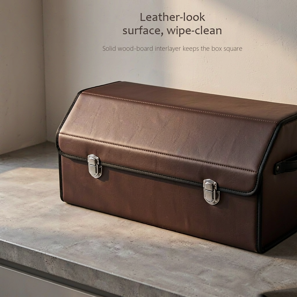 TrunkNest™ Foldable Car Trunk Organizer Box — wipe-clean leather-look coffee brown surface on an indoor floor