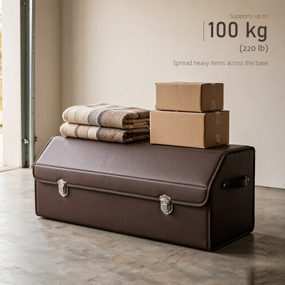 TrunkNest™ Foldable Car Trunk Organizer Box — holds 100 kg (220 lb) with a folded blanket and two cartons on the lid