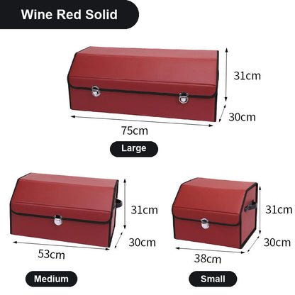 TrunkNest™ Foldable Car Trunk Organizer Box — solid wine red colourway, three sizes with centimetre dimensions