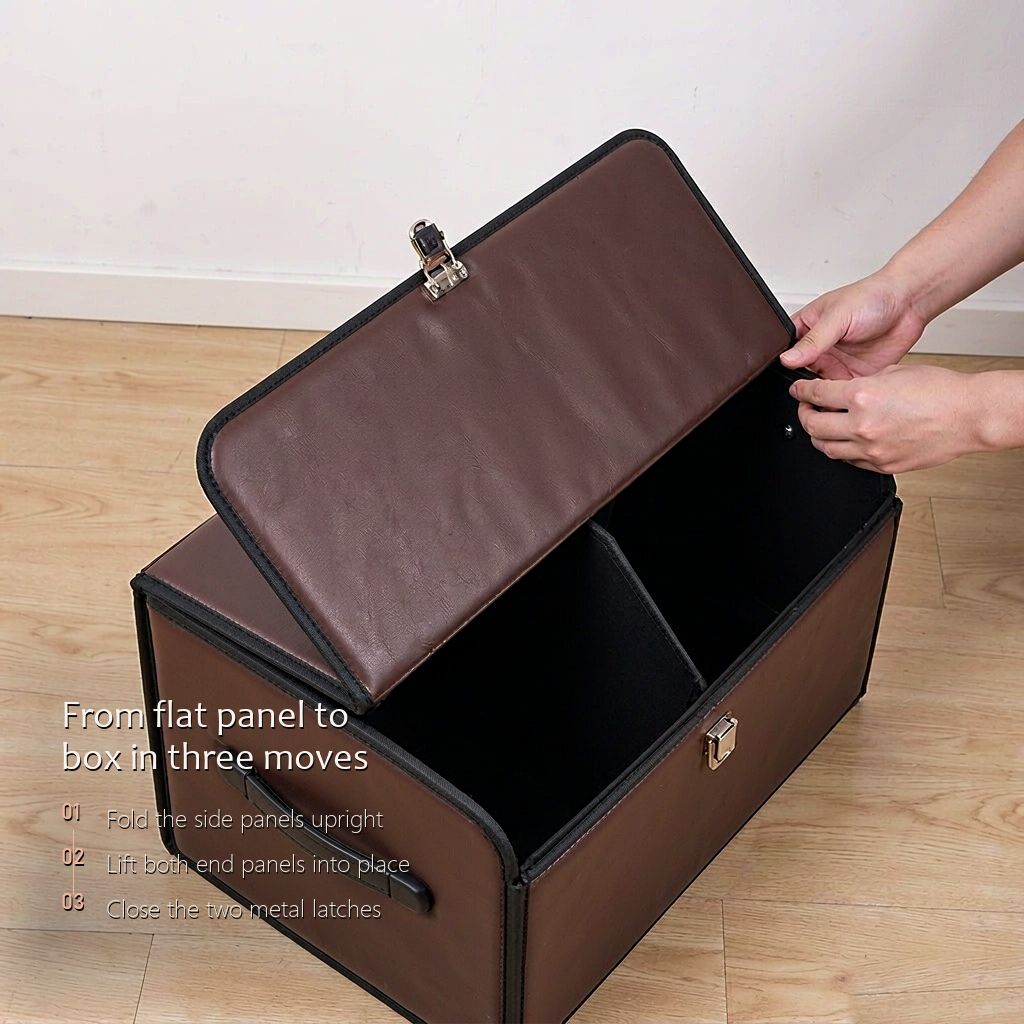 TrunkNest™ Foldable Car Trunk Organizer Box — front panel folded down to reveal two compartments and divider boards