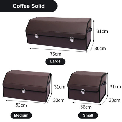 TrunkNest™ Foldable Car Trunk Organizer Box — solid coffee brown colourway, three sizes with centimetre dimensions
