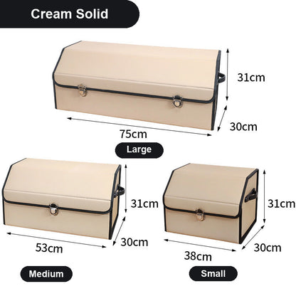 TrunkNest™ Foldable Car Trunk Organizer Box — solid cream colourway, three sizes with centimetre dimensions
