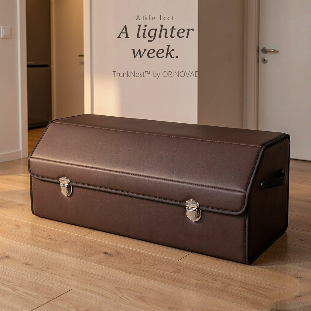 TrunkNest™ Foldable Car Trunk Organizer Box — closed coffee brown trunk in a bright hallway with brand name on wall