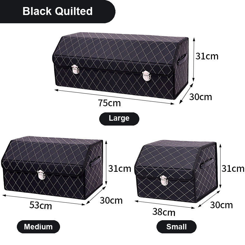 TrunkNest™ Foldable Car Trunk Organizer Box — black diamond-quilted colourway, three sizes with centimetre dimensions
