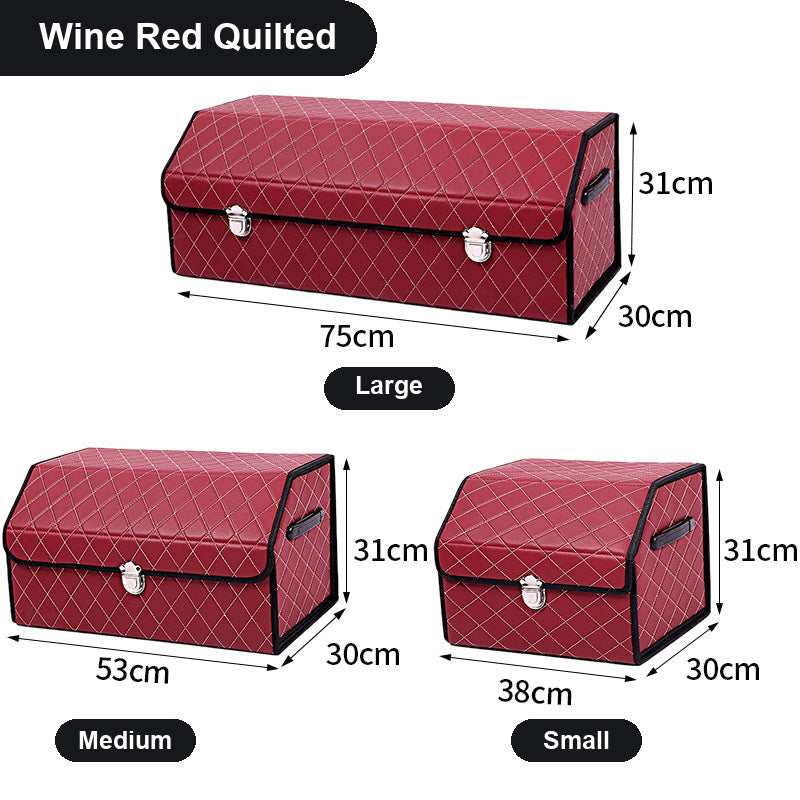 TrunkNest™ Foldable Car Trunk Organizer Box — wine red quilted colourway, three sizes with centimetre dimensions