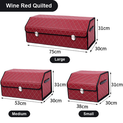 TrunkNest™ Foldable Car Trunk Organizer Box — wine red quilted colourway, three sizes with centimetre dimensions