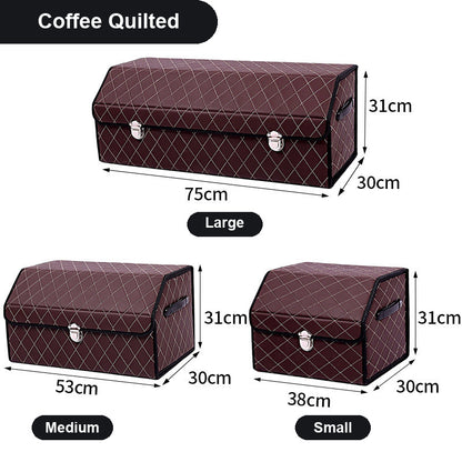TrunkNest™ Foldable Car Trunk Organizer Box — coffee brown quilted colourway, three sizes with centimetre dimensions