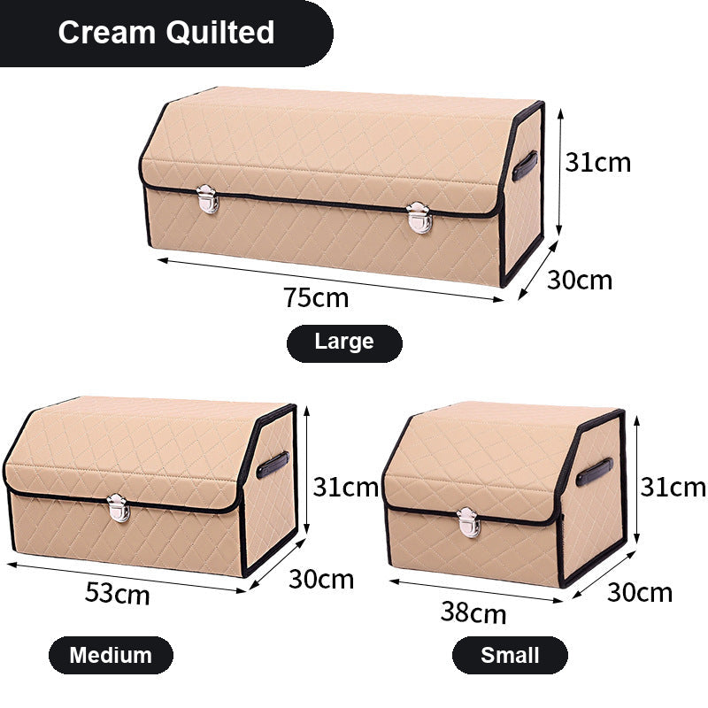 TrunkNest™ Foldable Car Trunk Organizer Box — cream diamond-quilted colourway, three sizes with centimetre dimensions